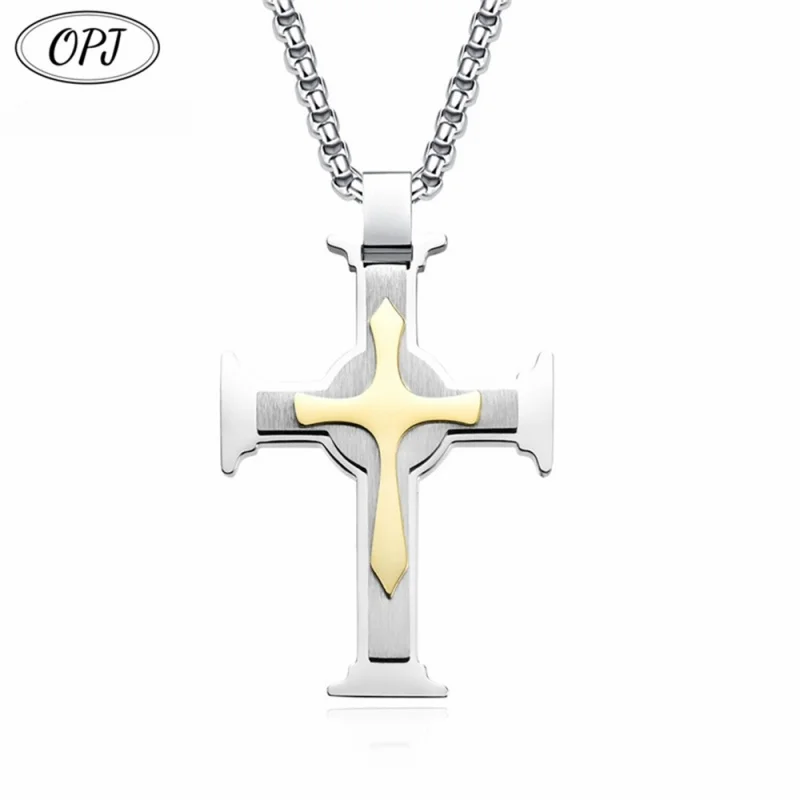 Men's Tri-Layer Stainless Steel Cross Pendant Necklace with Wheat Chain - Silver Black Religious Jewelry  Wholesale Price