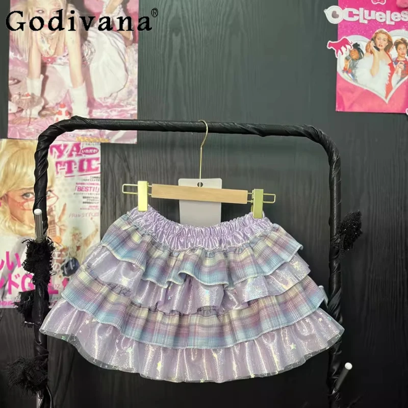 Minigonne alla moda a vita alta Y2k per ragazze Gonna Lolita estiva con volant giapponese Gonna da torta con fiocco con stampa dolce e carina da donna