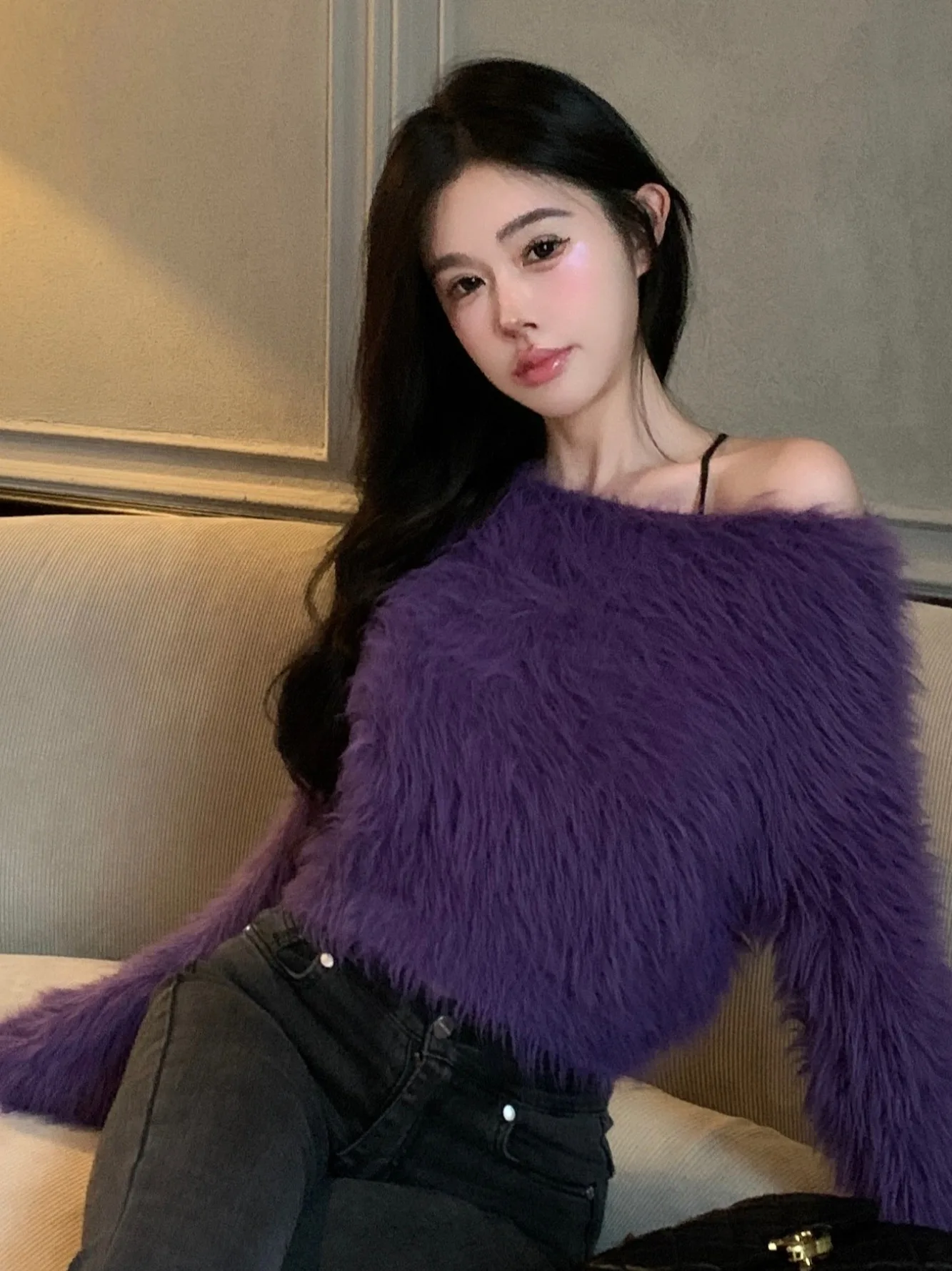 Spicy Girl Pure Desire Sexy oulder Bared One oulder Long Sve Top Lazy Loose Slimming ort Length Camere Sweater