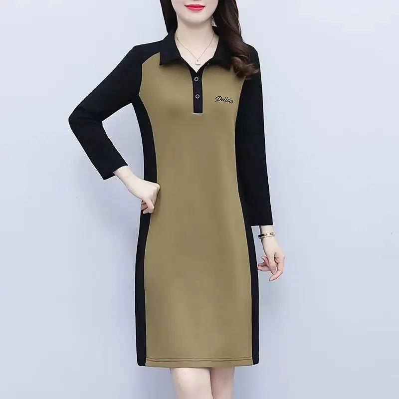 Casual Long Sleeved Polo Collar Dress for Women New Plus Size to Cover the Belly and Show Off Weight Straight Tube Bottom Skirt