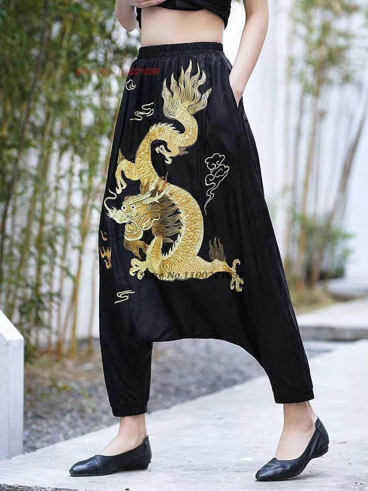 

2025 chinese dragon embroidery satin jacquard bloomers pants traditional ethnic vintage harajuku harem pants retro baggy pants