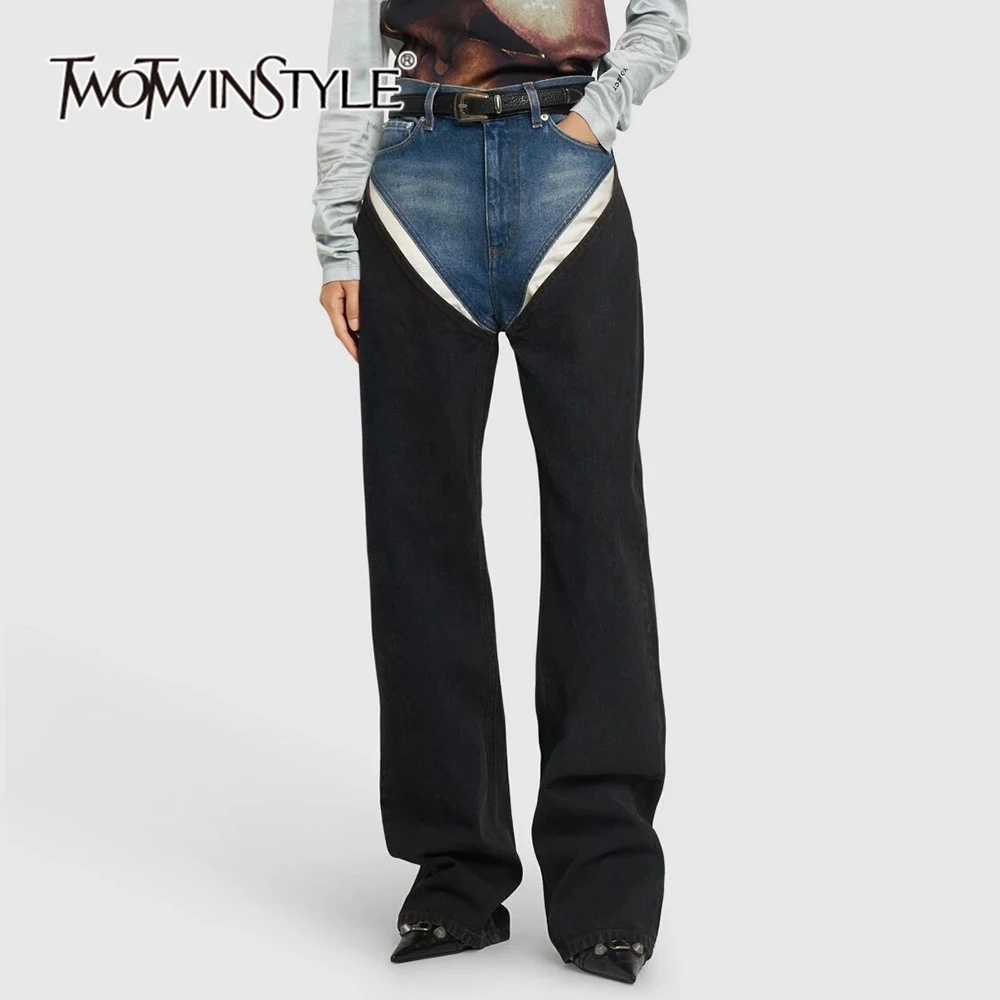 TWOTWINSTYLE Colorblock Spliced Pocket Casual Denim Pants For Women High Waist Patchwork Button Designer Jeans Female Fashion