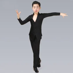 Latin Dance Top Boys Sexy V-Neck Shirt Black Wide Leg Pants Kids Latin Dance Competition Costumes Children Rumba clothes