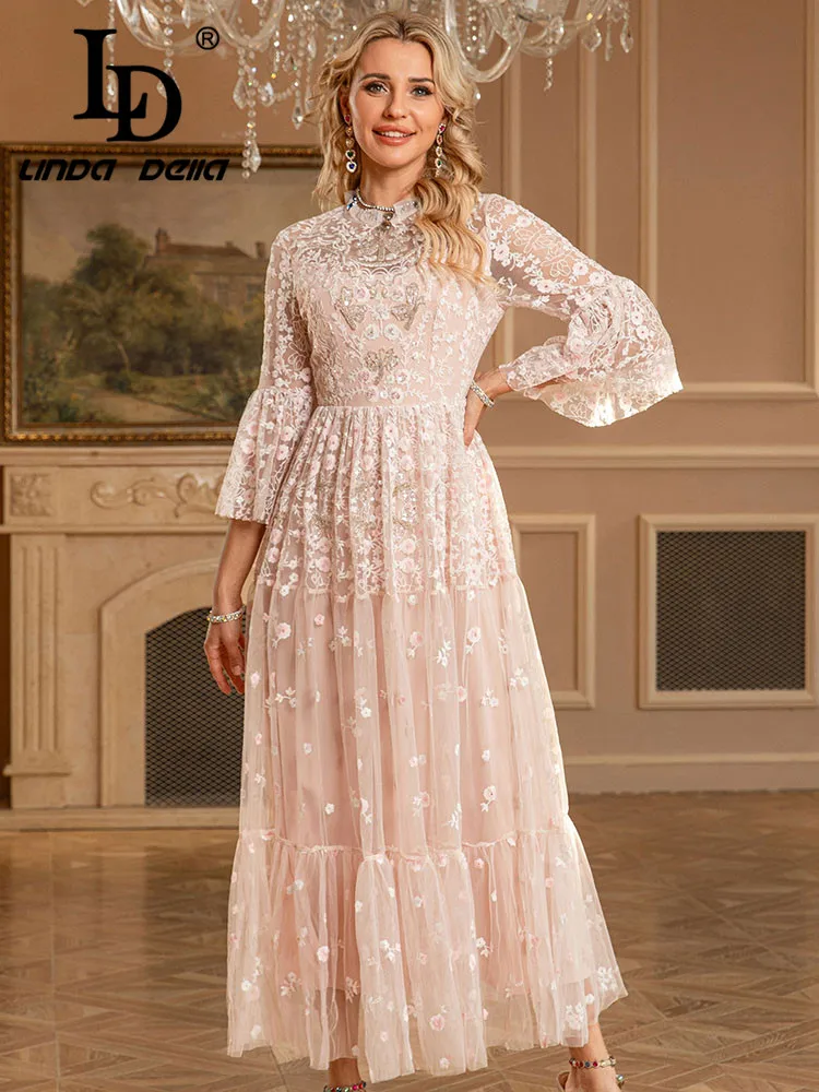LD LINDA DELLA 2025 ملابس نسائية جديدة للربيع والصيف مطرزة بالماس فستان مأدبة على طراز القصر #3