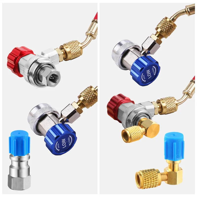طقم محول تحويل تركيب التيار المتردد R12 إلى R134A، صمام التوصيل السريع A/C 90 °   محول منفذ التحديثية الضغط العالي/المنخفض-AA70
