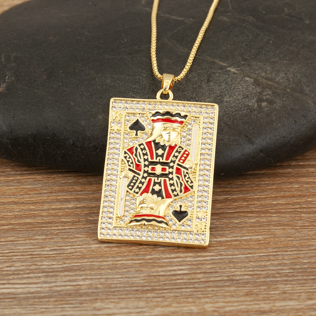 Nidin Iced Out Spade K Playing Card Pendant Necklace For Women Men Enamel Poker King Necklaces Hip Hop Bling Zircon Jewelry Gift
