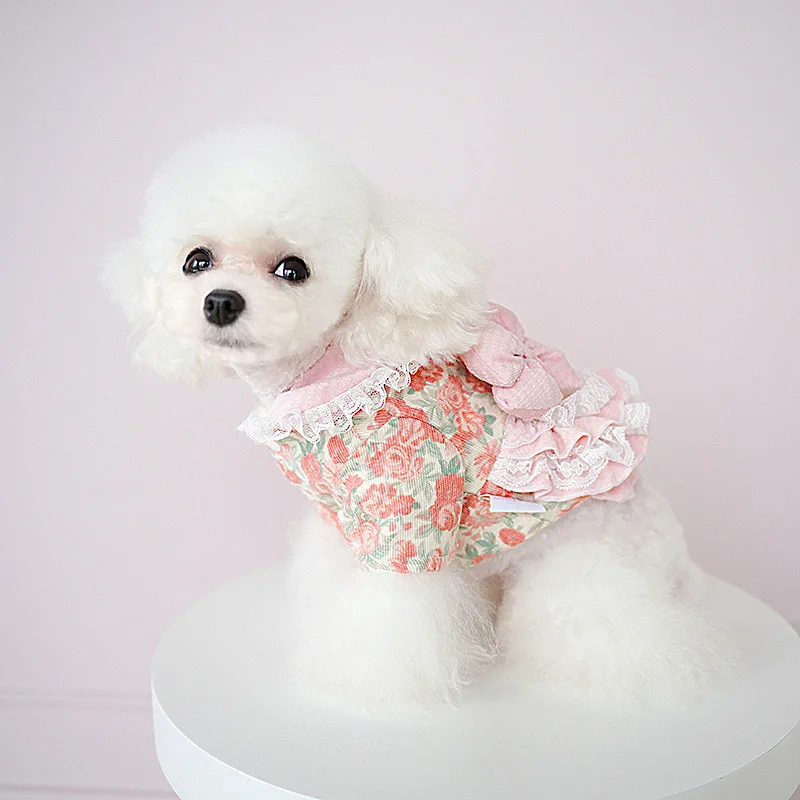 

Dog clothes, autumn and winter clothes, thick cat princess skirt, floral traction, Lolita, small dog, teddy bear, pet