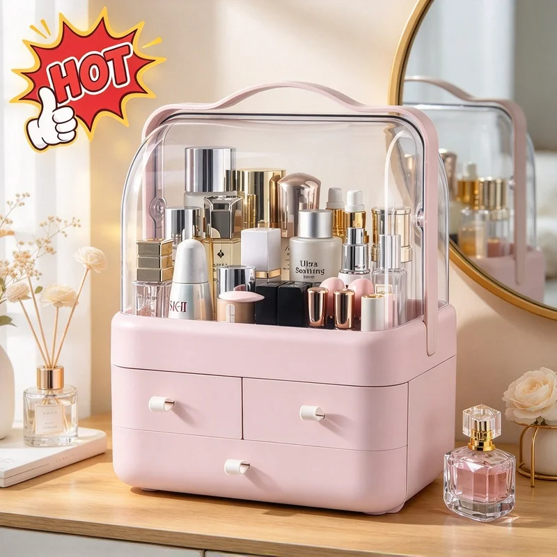 Dresser Cosmetic Storage Organizer, Waterproof Dustproof Skincare Container with Lid & Drawer