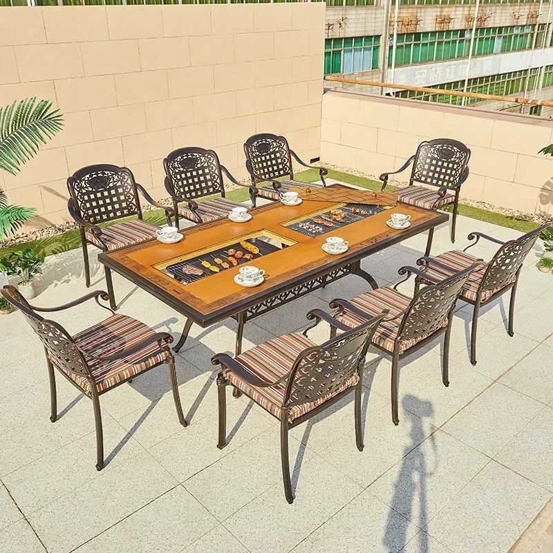 Garden Restaurant Cast Aluminum Rectangular BBQ Grill Table Charcoal Outdoor Patio Dining Desk Set 8 Seater Chairs