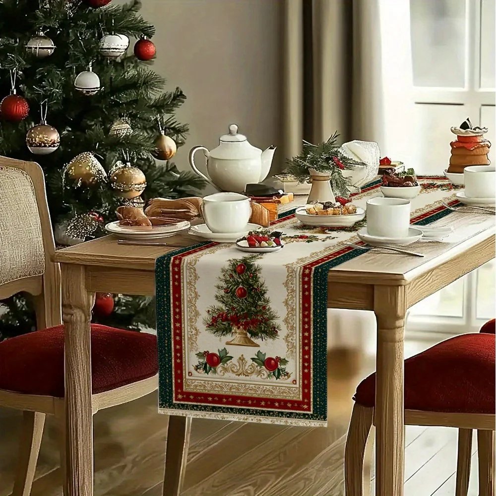 Vintage Christmas Table Runner | Ornate Frame Leaf-Berry  Easy-Clean Holiday Banquet Decor