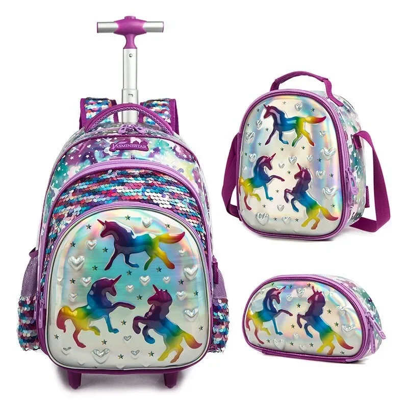 Children School Backpack with Wheels School Bag Set Girls Elementary Student Sequin Backpack Travel Luggage Trolley Bags