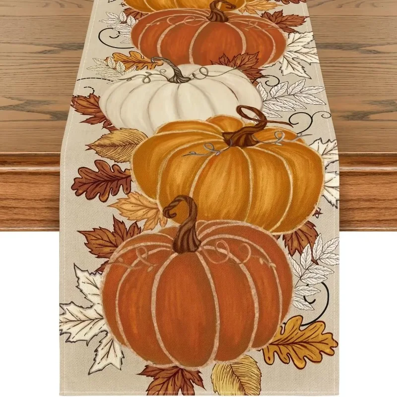 Pumpkin Maple Leaf Fall Table Runner Thanksgiving Decorative Table Runner for Dining Table Mantel Home Ornament
