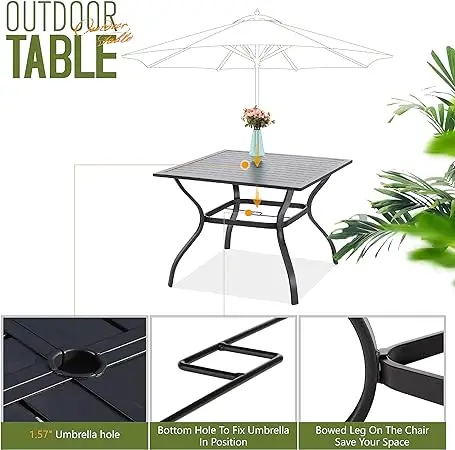 5-Piece Outdoor Patio Swivel Set Metal Dining Furniture Beige Cushion, 4 Steel Metal Swivel Patio Chairs & 1 Square Dining Table