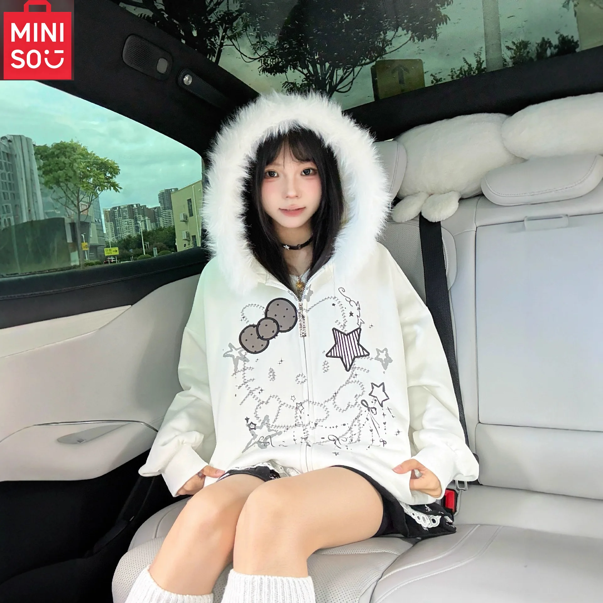 

MINISO HelloKitty Hoodie Women's Korean Lazy Cartoon Anime Casual Coat Zipper cardigan Trendy