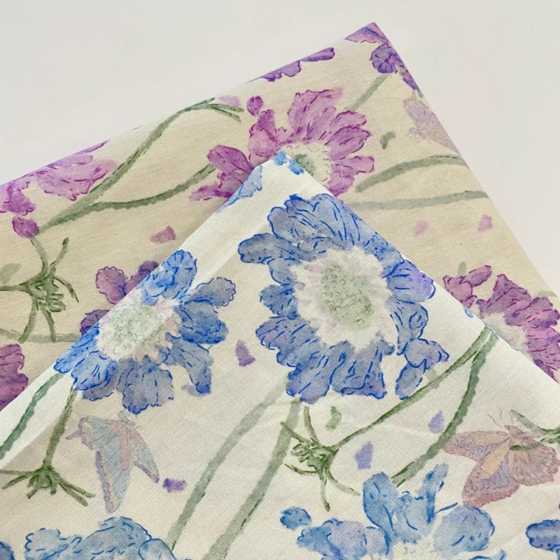 

Blue floral polyester fabric clothing, tablecloths, throw pillows, dresses homemade purple fabric