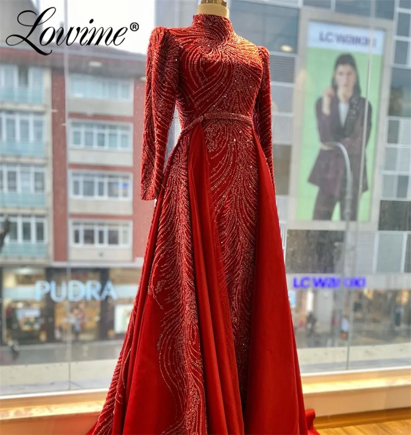 Burgundy Heavy Beads Long Sleeve Evening Dress Formal Muslim Middle East Women Party Gowns Customize High Neck A Line Prom Dress