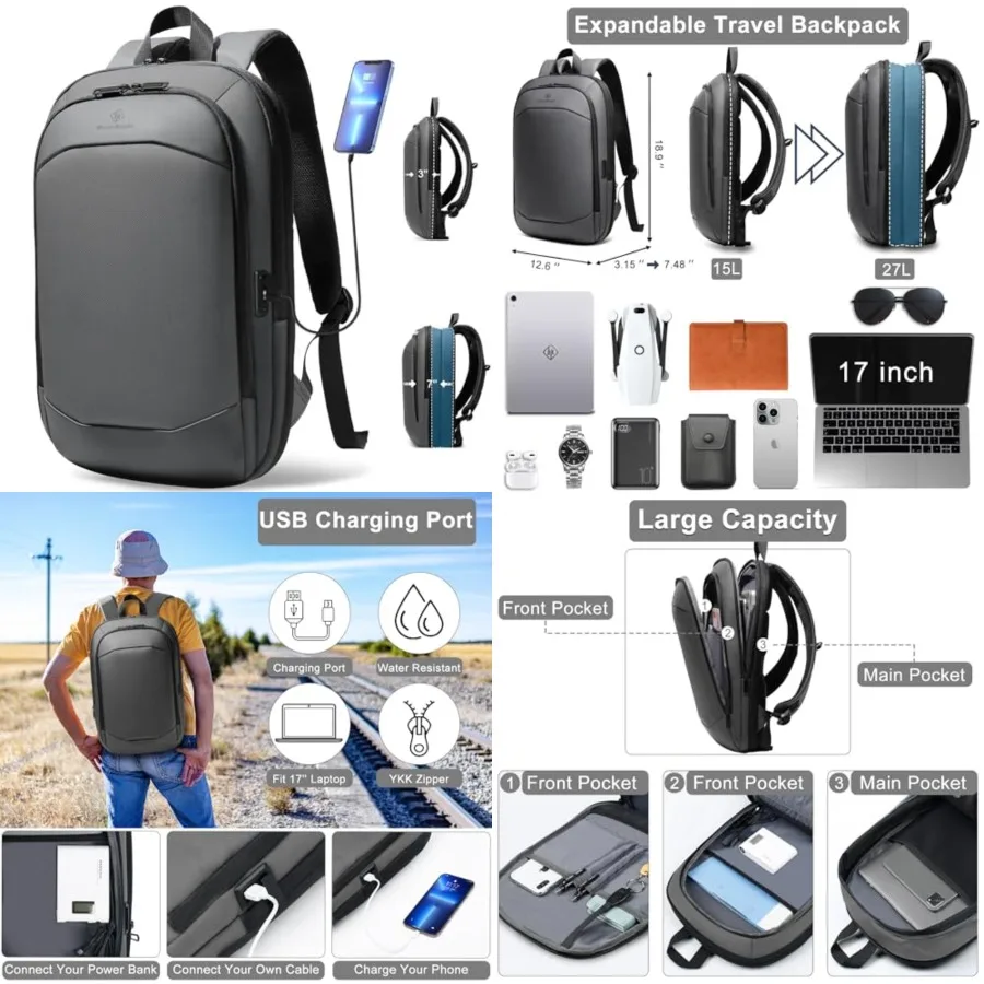 

Business Backpack for Men, Slim and Expandable Waterproof Travel Laptop Backpack with USB Charger Port
