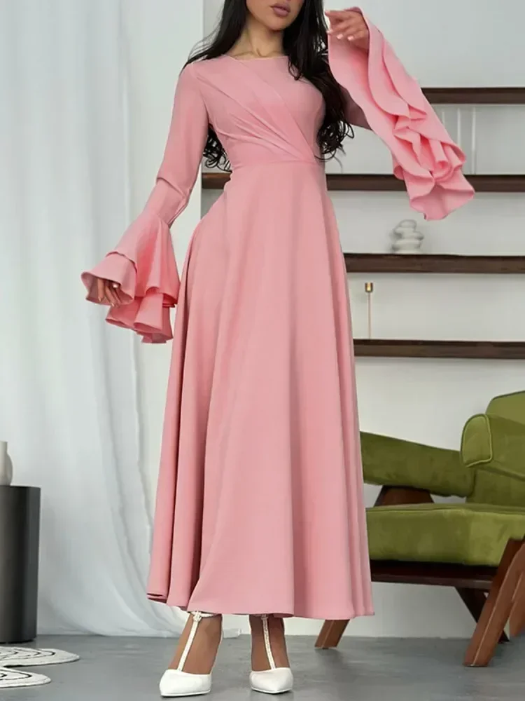 

Tinaa Fashion 2024 Women Sweet Party Long Dress Pink Round Neck Flared Sleeves Tight Fitting Pleated Lady Elegant Evening Dress