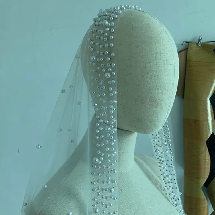 Whitney WV130 Off White Pearls Wedding Veil Velo de Novia catedral de lujo свадебные шляпки вуали velo novia largo