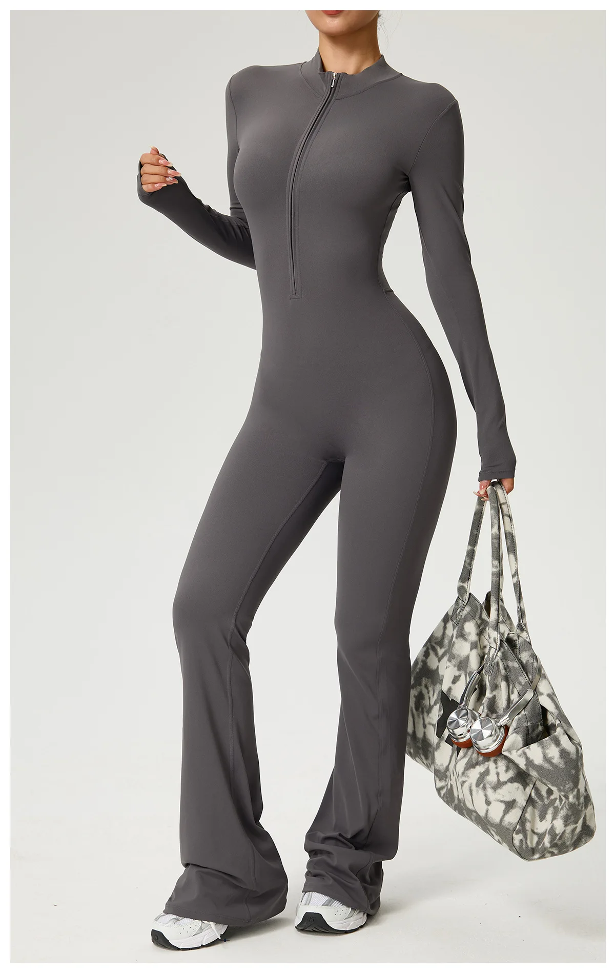 Neuer Reißverschluss-Jumpsuit mit Schlaghose Damenkleidung Sportbekleidung Gym Yoga Sportsets Spandex Nylon Trainingssets Damen Trainingsanzug – Detail 6