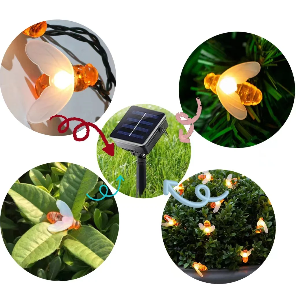 Solar String Light 100 LED Cute Bee Outdoor Light Wedding Home Garden Patio Party Christmas Tree Honeybee  Fairy Decor Lamp