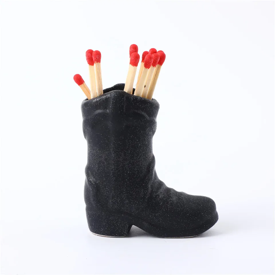 Ceramic Match Holder With Striker Cowboy Boot Shaped Match Box Boho Style Match Jar Creative Stand Fireplace Home Decor