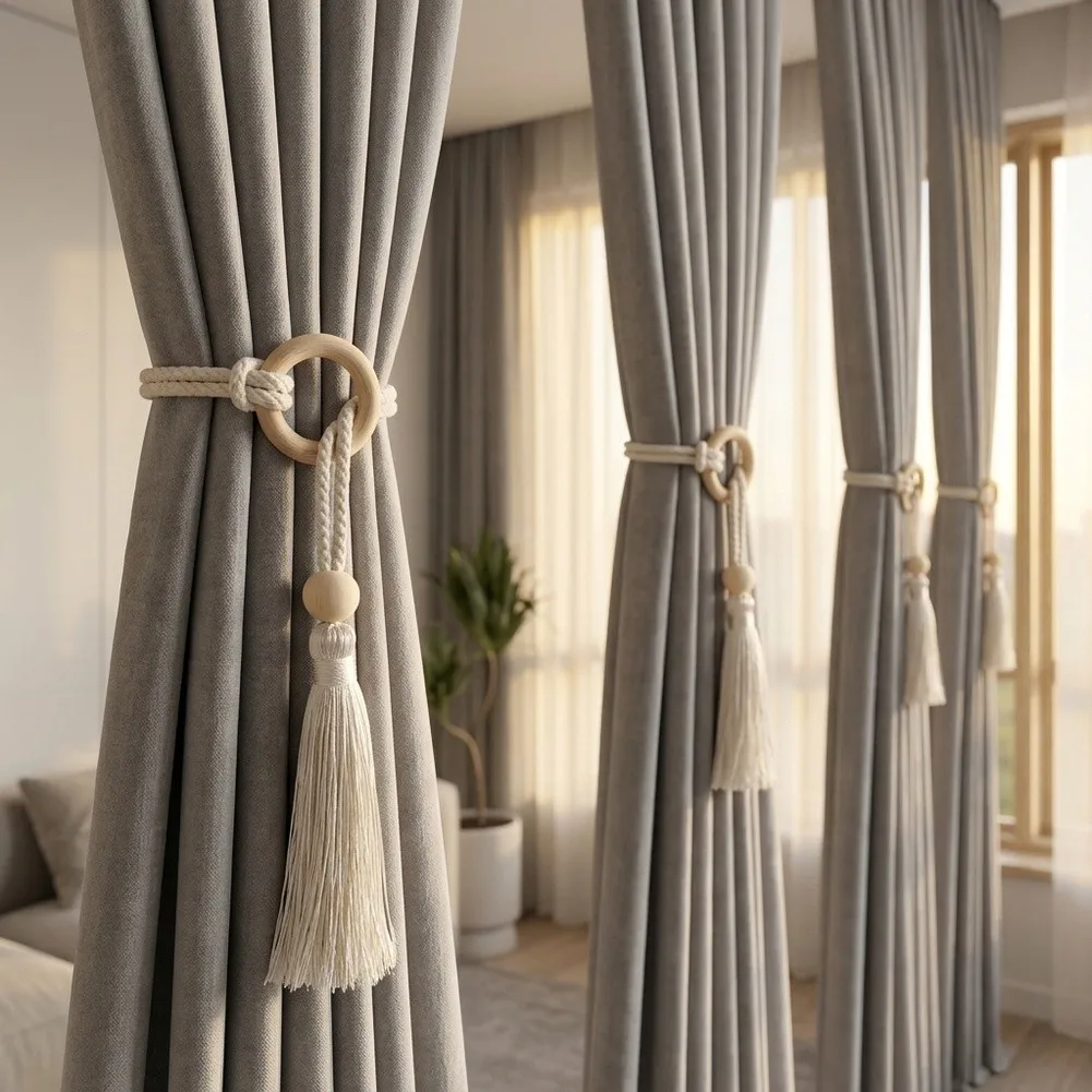 Fabric Adjustable Curtain Tassel Tiebacks 54 cm Length 4.5 cm Width Set of 4 No Drill for Smooth Curtain Holding