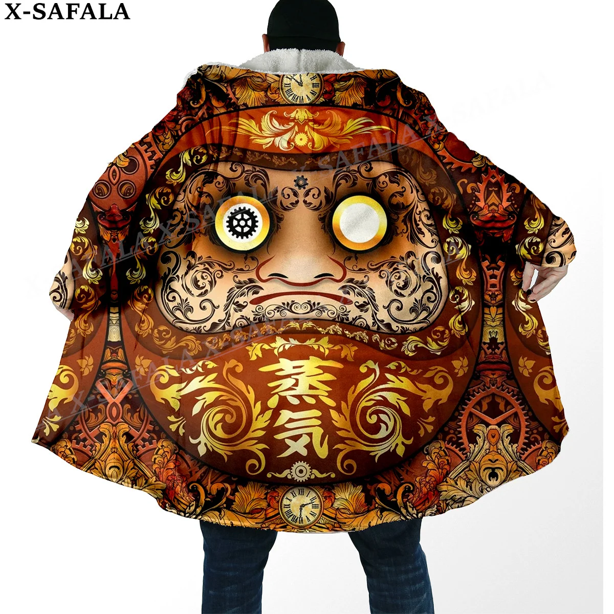 Daruma Japanese Anime Manga Print Thick Warm Hooded Cloak Men Overcoat Coat Windproof Fleece Cape Robe Hooded Blanket-8