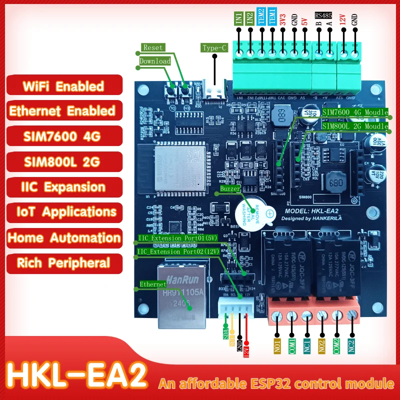 HKL-EA2 대량 도매 가격 SIM7600 4G 모듈 RS485 DS18B20 감지 비프음 알람 2 NPN 입력 2 릴레이 출력 IIC 확장