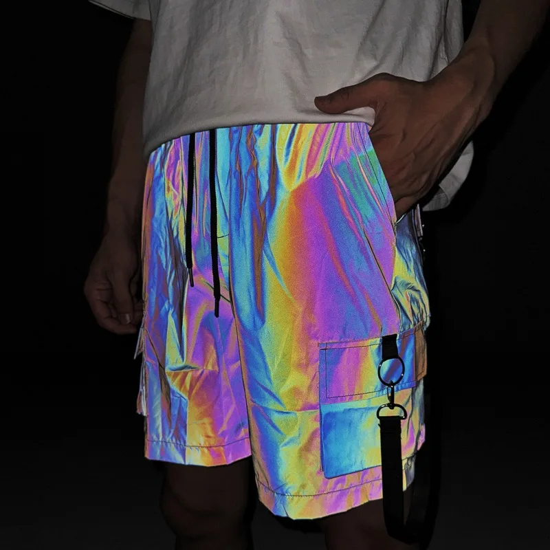 Светоотражающие голографические шорты-карго, мужские 5-дюймовые переливающиеся шорты для спецодежды, летние уличные тактические брюки, уличная одежда для бега, мешковатые