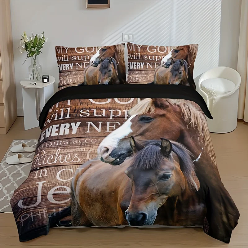 

[Animal Print Bedding] 3pcs Duvet Cover Set (1*Duvet Cover + 2*Pillowcase, Without Core), Fashionable Letter Animal Horse Print