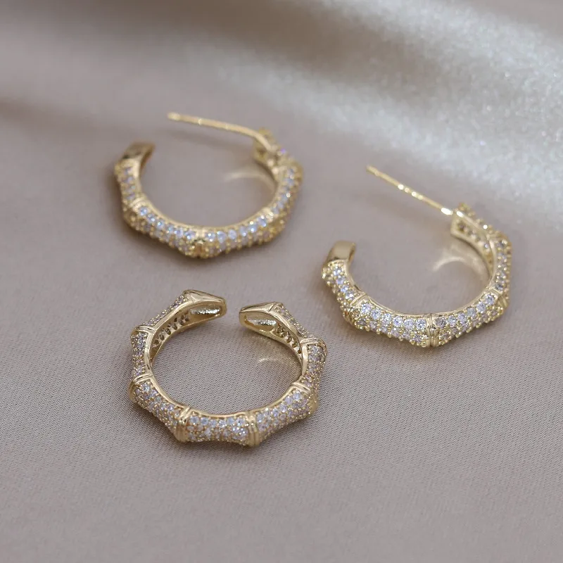 Korea New Design Fashion Jewelry 14K Gold Plated Zircon Bamboo Earrings Rings Elegant Women's Party Accessories