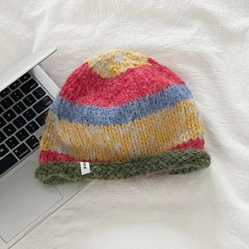 Handmade Knit Striped Bucket Hat for Woman Weaving Floppy Rolled Brim Bucket Hat Adult Teens Winter Fisherman Cap 6XDA 4