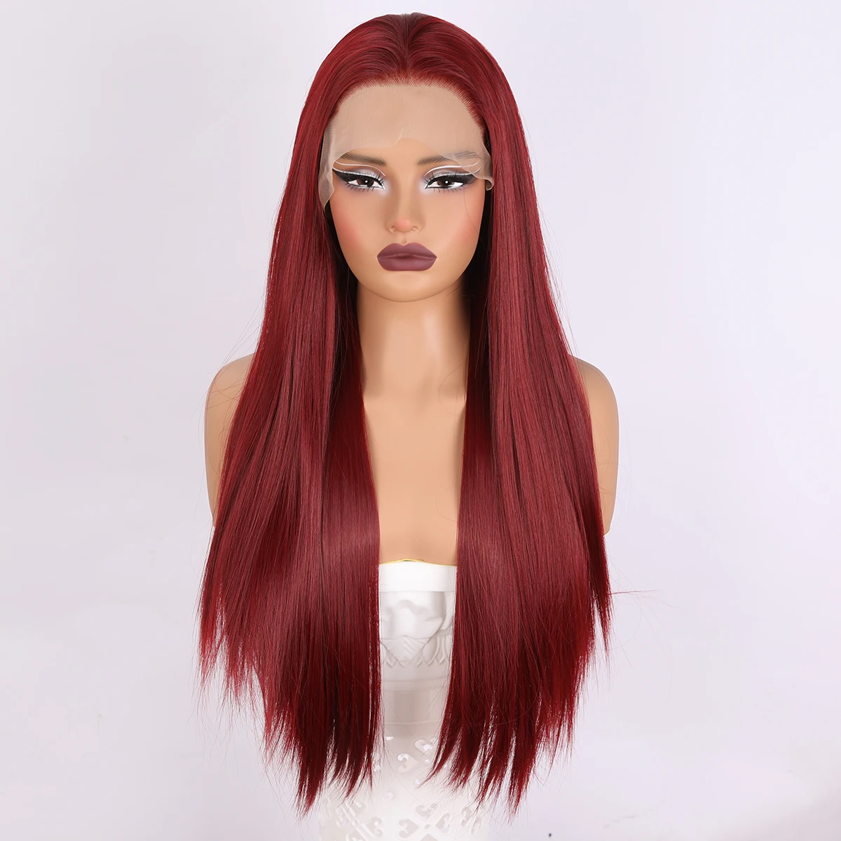 Hand Hook Lace Long Straight Hair Red Split Bangs Straight Hair Wig Suitable For Black Women's Daily Natural Role-Playing Wig