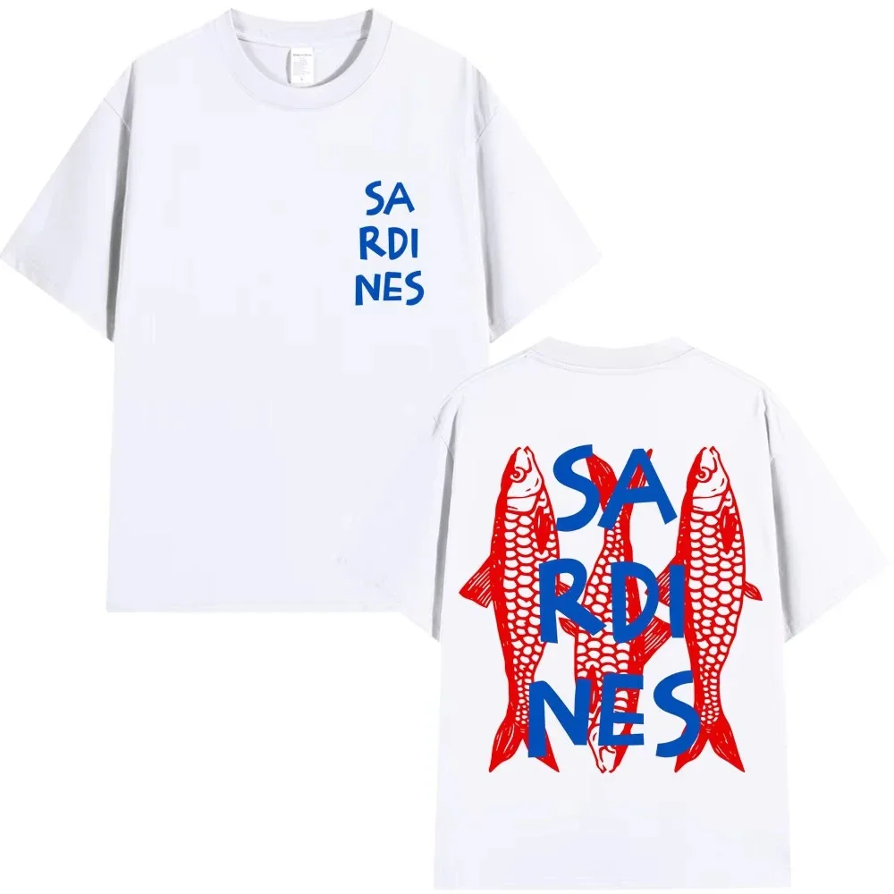 Funny Russian Cartoon Sardines Graphic T-Shirt Y2K Oversized Cotton Casual Fashion for Men And Kids