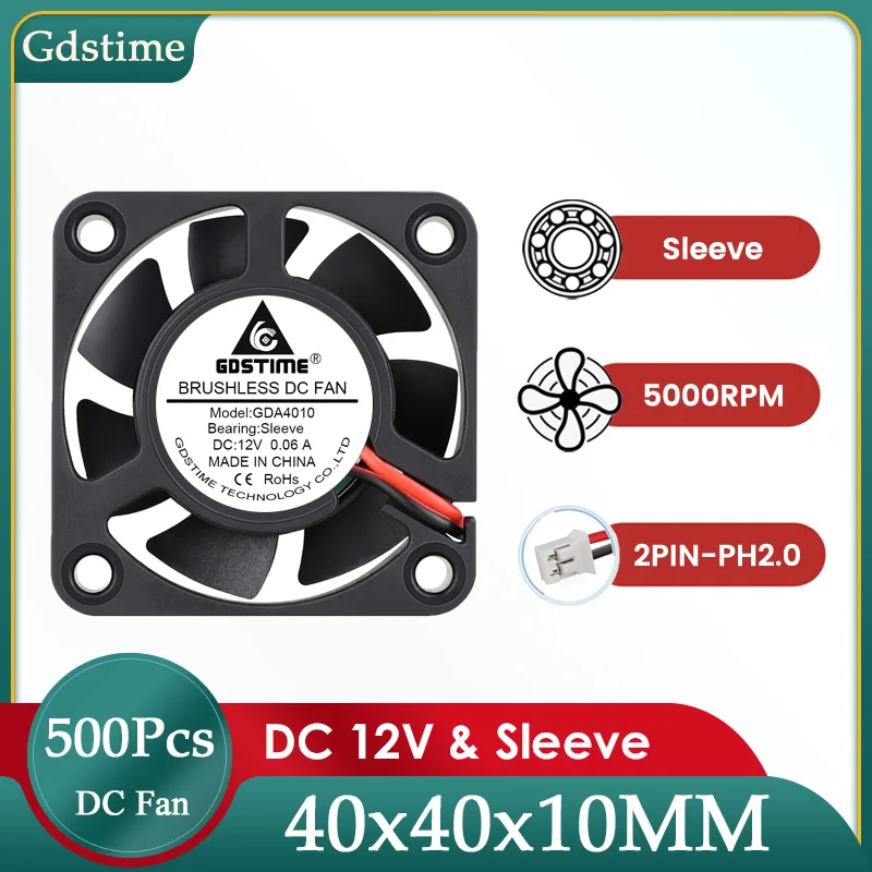 500Pieces LOT Gdstime DC 12V 2PIN 40x10mm Radiator Fan 4010 Micro Brushless Cooling Fan 40mm 4cm Axial Cooler Fan for 3D Printer