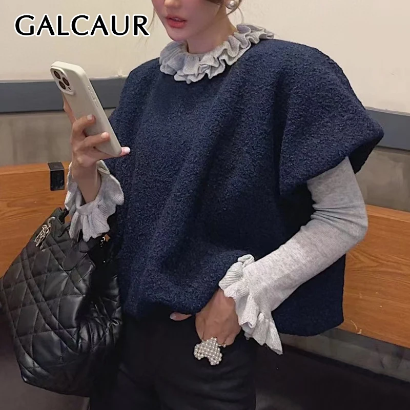 GALCAUR Sweet Two Piece Set For Women Spliced Ruffles Neck Long Sleeve T Shirt O Neck Puff Sleeve Sweater Casual Top Suit Female