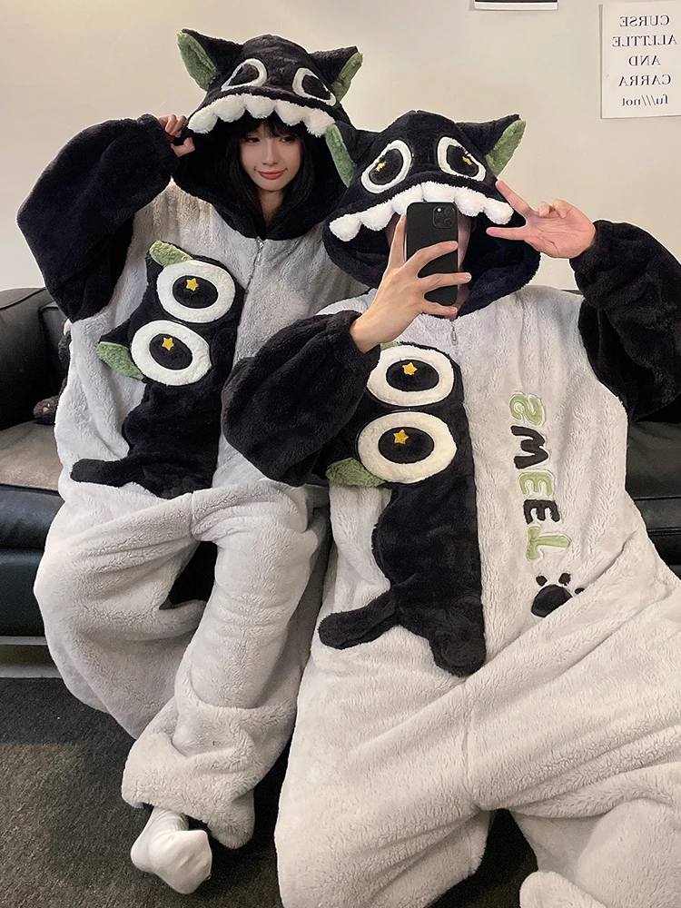 DAIMELU الكرتون طويلة الأكمام منامة الرجال الشتاء قطعة واحدة المرجان الصوف الفانيلا الذكور كبيرة الحجم المتسكعون مجموعة ملابس خاصة دعوى