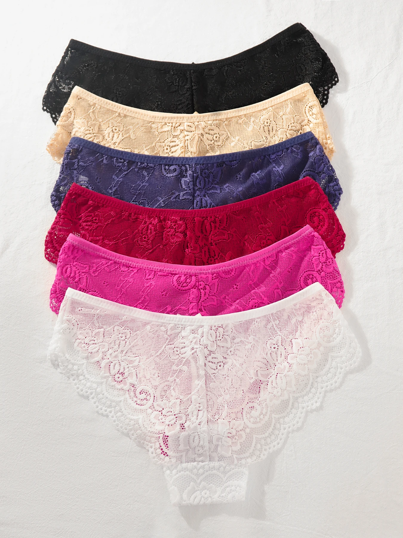 Conjunto com 6 calcinhas de renda para mulheres - Combinação de cores vermelho/branco/pele/preto/azul-marinho/rosa - Roupa íntima feminina confortável e respirável para uso diário