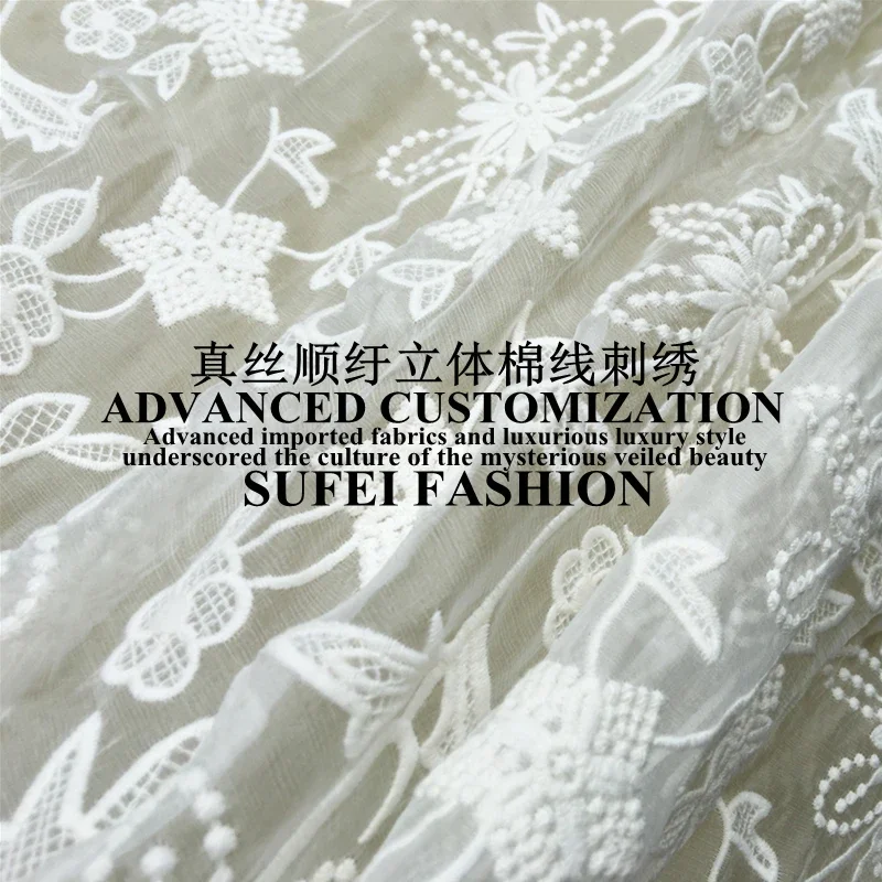 

120cm wide white floral embroideried silk cotton net lace wedding dress cheongsam fabric S144