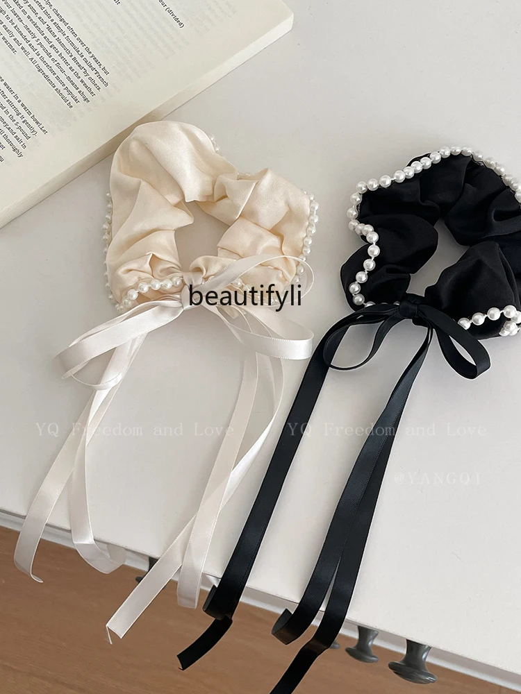 

Bow Ribbon Pearl Black Large Intestine Hair Ring French Retro Bun Horse Tail Headband Hair Accessories