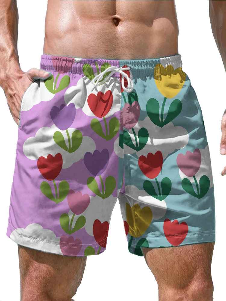 Summer Men's Cartoon Floral 3D Digital Printing Hawaiian Beach Quick Dry Shorts Large Size Loose Swimming Trunks