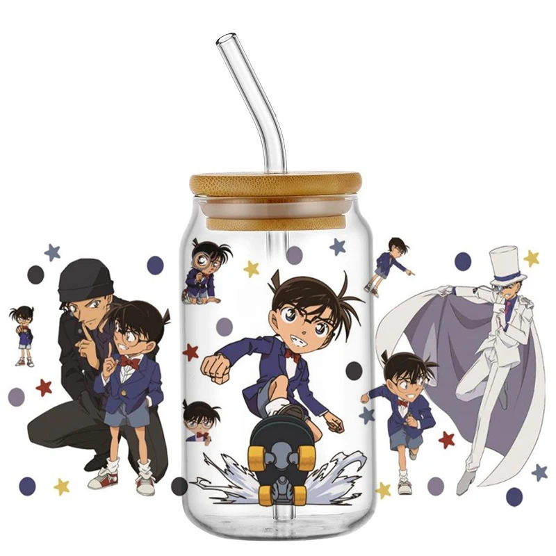Cute Anime School Boy Character UV DTF Wraps Classic Uniform Design Waterproof Decals for 16oz Libbey Glass Can Tumbler