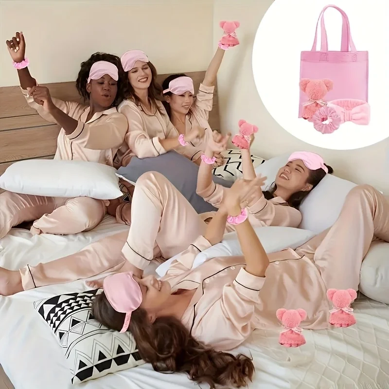 20 Spa-Geschenksets – 5 große Polyester-Beutel, 5 Stirnbänder, 5 Haarringe, 5 bärenförmige Stoffe – perfekt für Brautpartys, Einlegeln – Detail 4