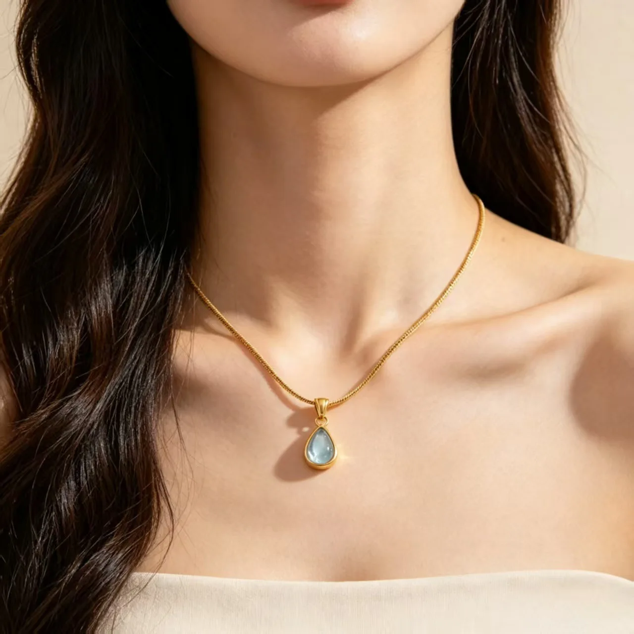 Minimalist Style Clean Blue Water Drop Pendant Necklace For Women Trendy Simple Chain Jewelry Girl Gifts Party Office Accessory