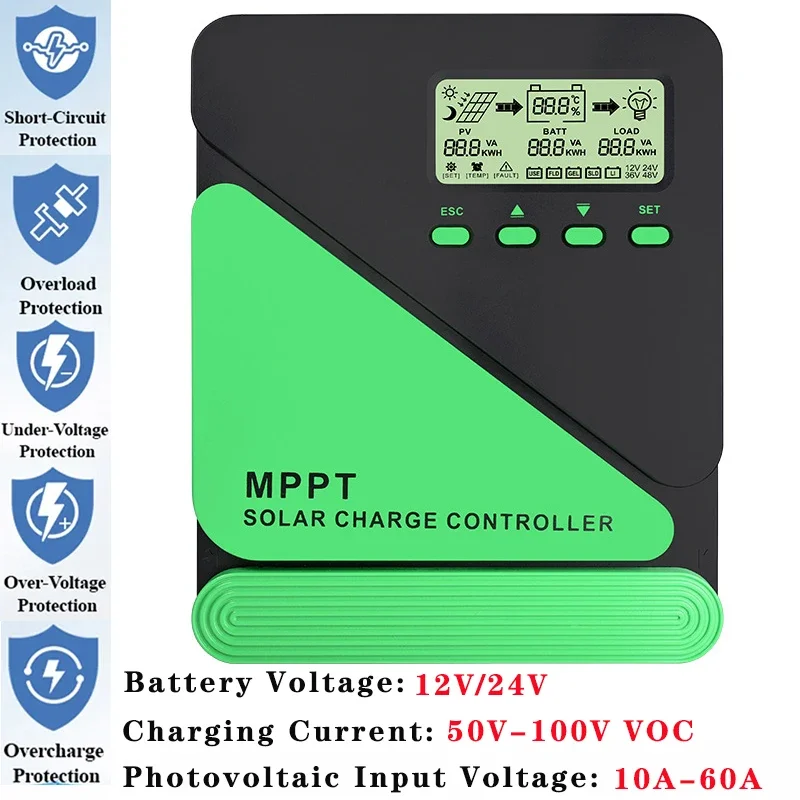 MPPT Solar Charge Controller 10A/20A/30A/40A/50A/60A LCD Backlit Display Wifi Solars Regulator 12V/24V Smart Charger Dual USB