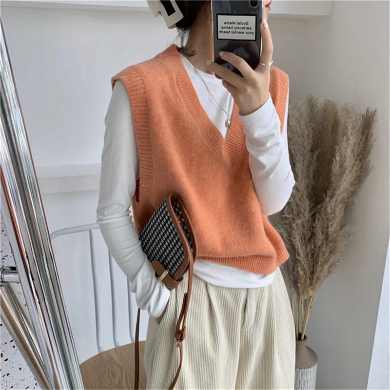 Korean Simple Sleeveless Knitted Sweater Vests Women Casual Solid Loose Outerwear Waistcoat Pullover Tops Jumper Female Clothing