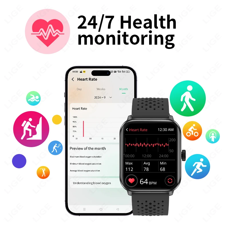 LIGE Новые GPS-часы для мужчин с отслеживанием движения, большим экраном 1,83 дюйма, Bluetooth-вызовом, монитором сердечного ритма, водонепроницаемые смарт-часы IP68