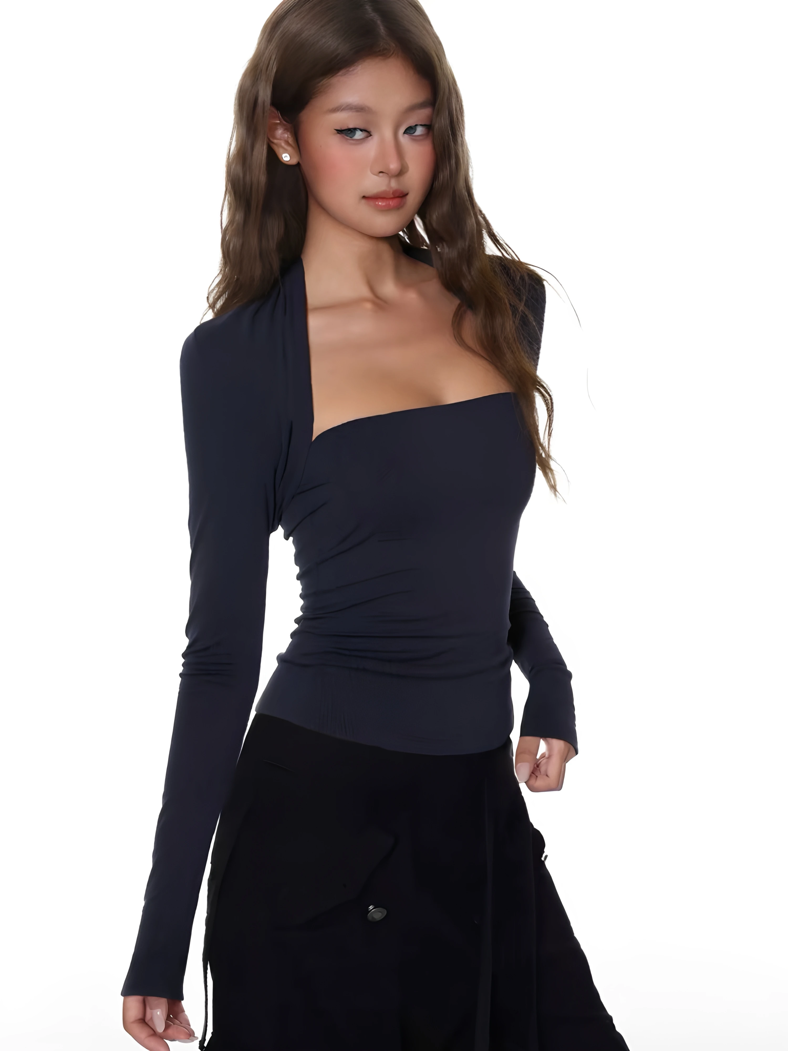 Spring 2026 Women's Slim Fit Long Sleeve T-Shirt Square Collar Base Shirt Sexy Inner Wear Outer Wear Shoulder Level Top