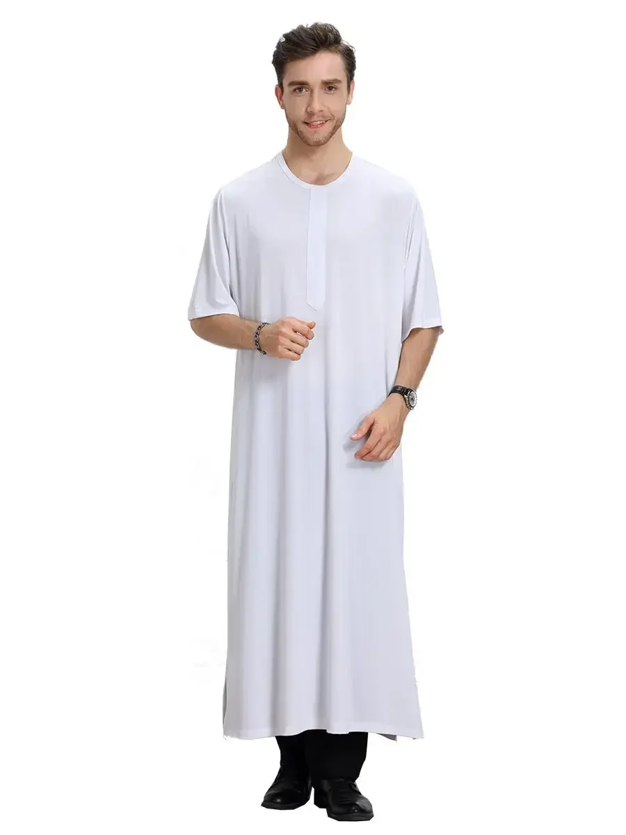 Mens Saudi Thobe Robe Short Sleeve Abaya Saudi Dishdasha Arabic Kaftan Dress Summer Dubai Ramadan Turkey Middle East Clothing Ne
